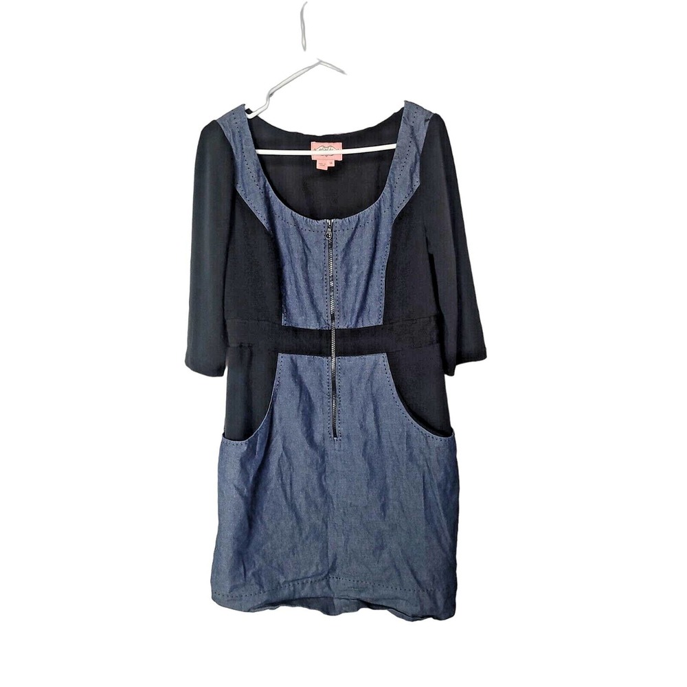 Phoebe Couture Blue Denim Zip Front 3/4 Sleeve Artsy Casual Dress Womans Size 14